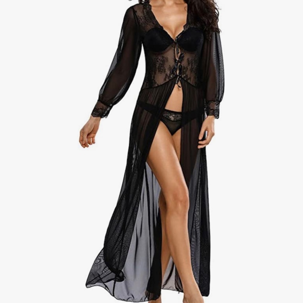 Women's Sexy Sheer Long Sleeve V Neck Lace Robe with Thong Lingerie Black Large